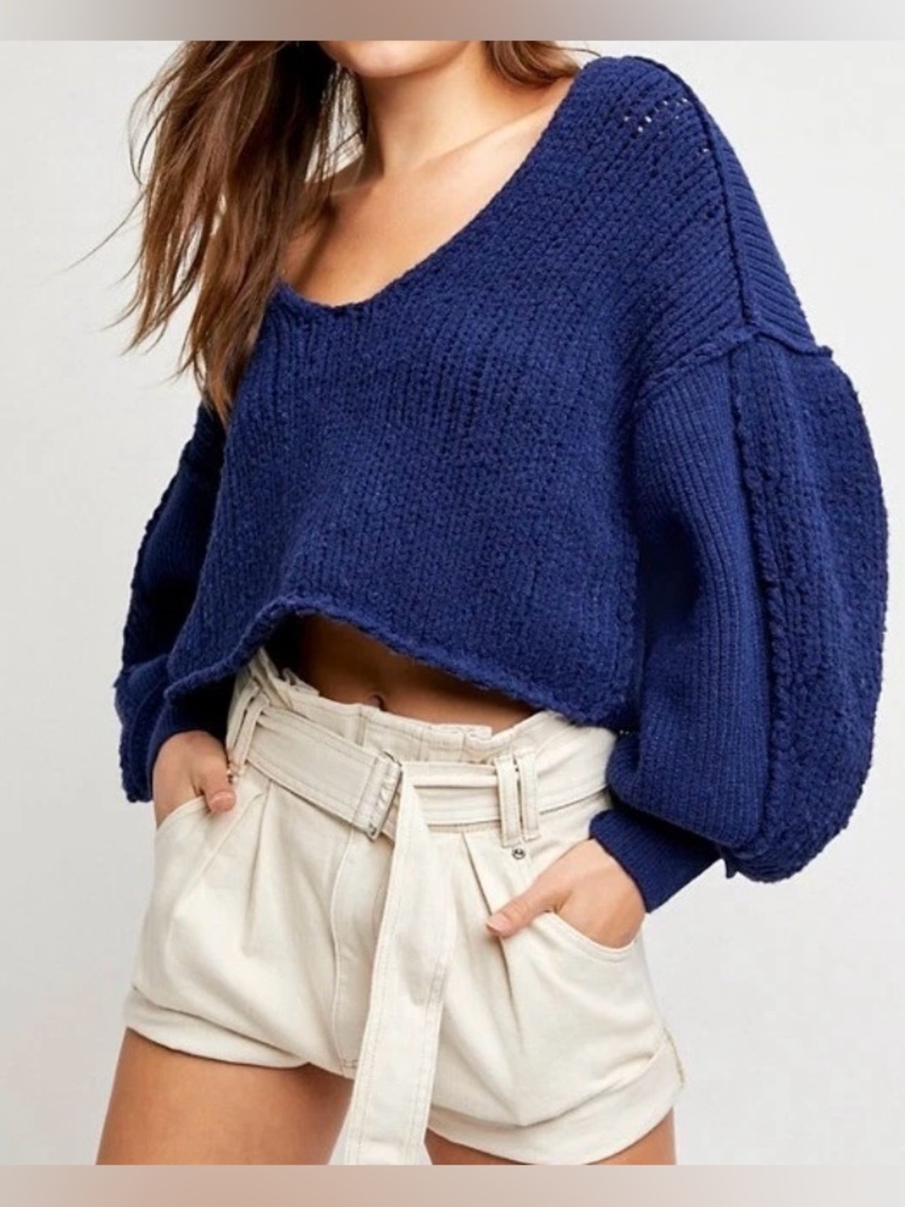 We The Free Cropped Navy Oversized Crewneck Balloon Sleeve Sweater - Size L